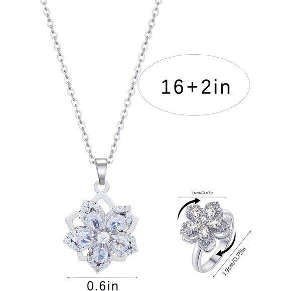 Women Flower Fidget Silver White Set2 Necklace Rotatable Crystal Blossom Pendant - Picture 2 of 7